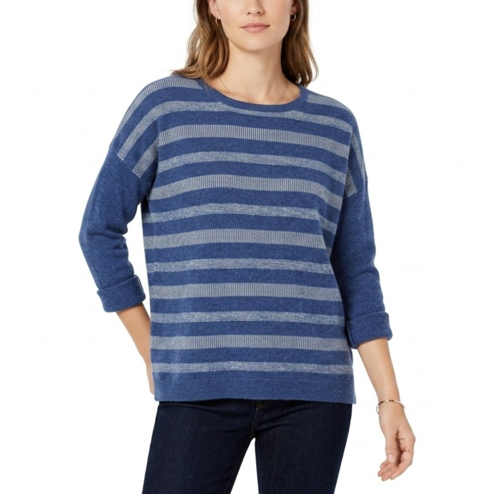 Lord & Taylor Cashmere Sweater Womens XL Blue Grey Striped Knit Crewneck Winter